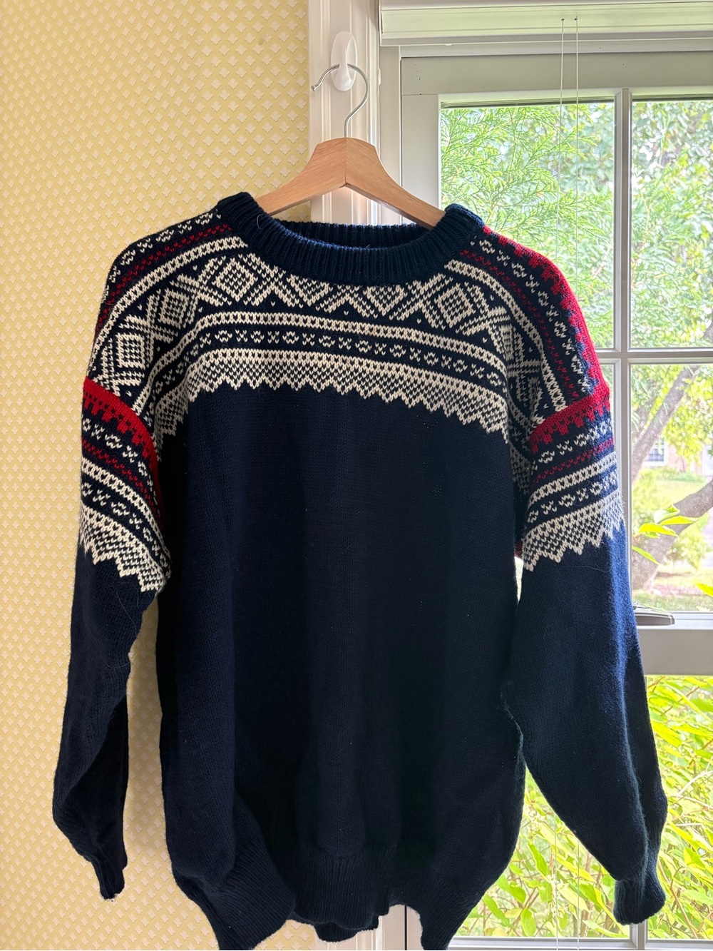 Dale of Norway Navy Fair Isle Crewneck Sweater with Red & White Pattern